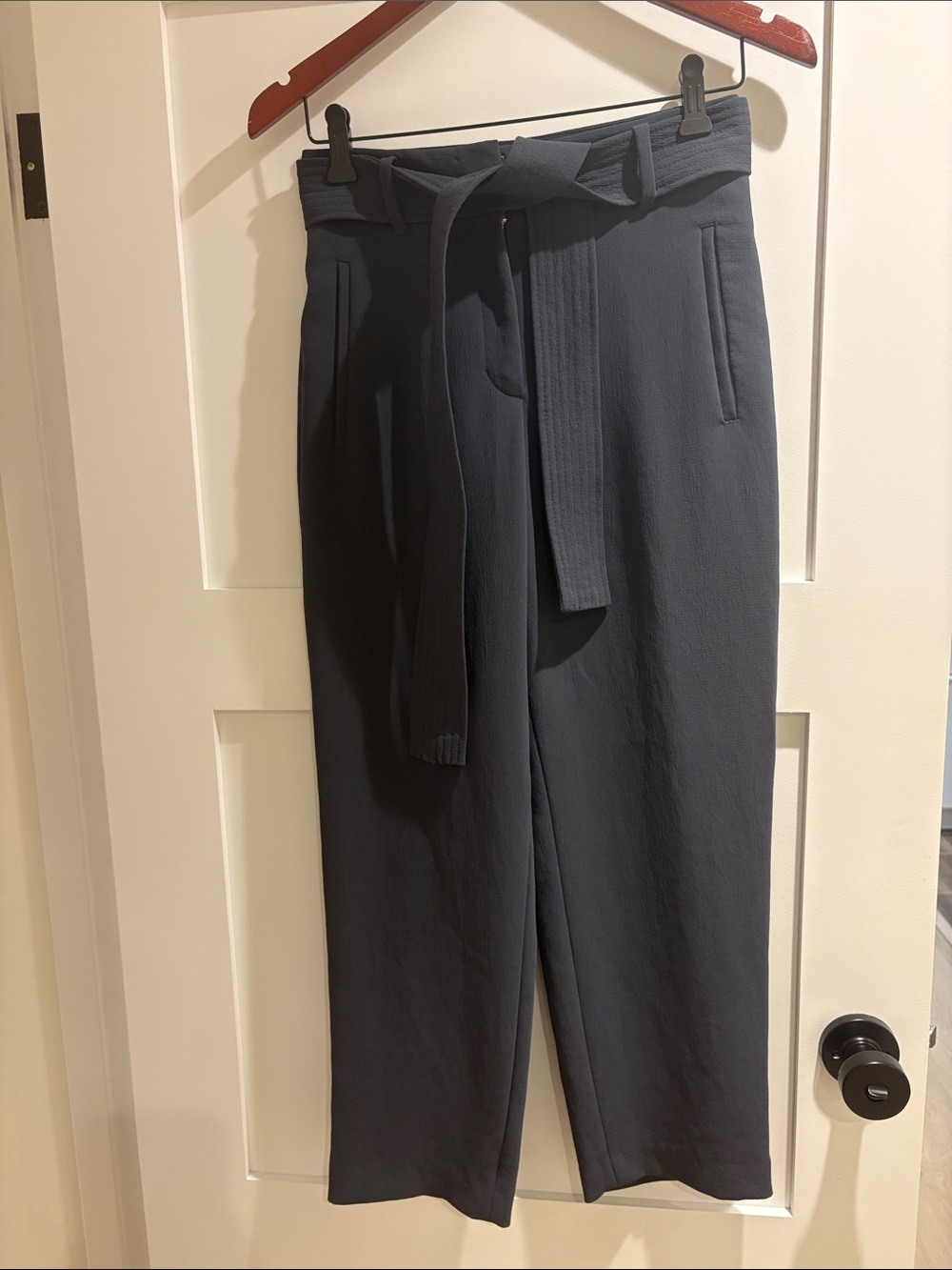 Aritzia Cropped High-Rise Belted Pants — dark navy